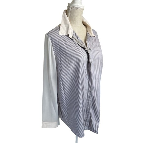 Chicos Black Label Womens Long Sleeve Striped Button-Up Shirt With White Collar - Picture 2 of 12